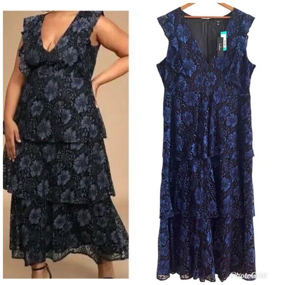 Lulus Molinetto Floral Lace Ruffled Tier Maxi Dress 3X Navy Wedding Evening NWT - Picture 1 of 16